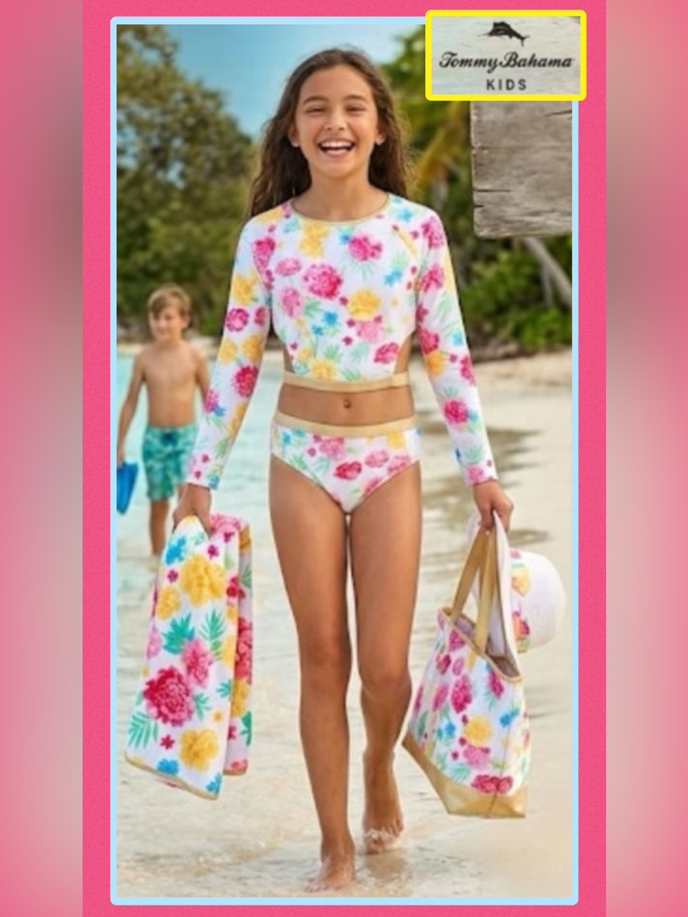 Tommy Bahama 💐 Girls 2-pc Set Sz 14 Floral L/S Rashguard with Gold Trim